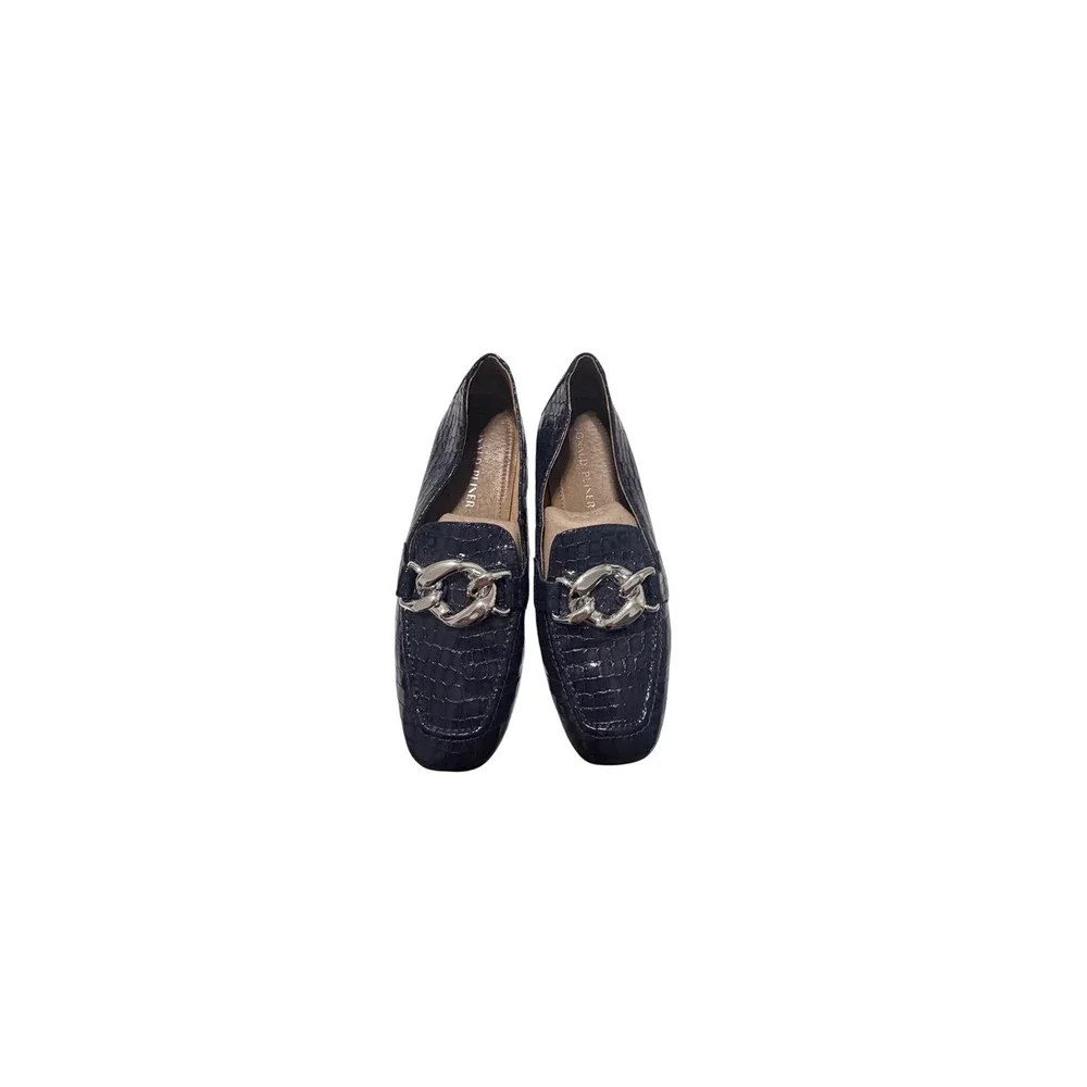 Donald Pliner Navy Blue Croc Embossed Patent Leather Chain Loafers Square Toe